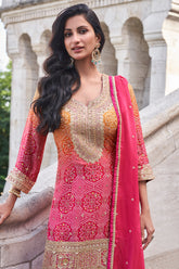 Premium Chinon Silk Designer Rani Pink Shaded Dress With Detailed Embroidery and Work